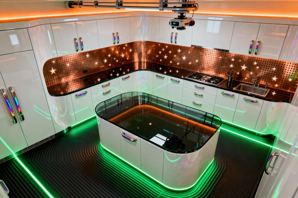 A futuristic kitchen with glossy white curved cabinets and iridescent handles, a perforated copper backsplash with star cutouts, and neon green LED lighting along the plinths and floor grooves. A central island has a smoked glass top with amber illumination inside, set over ribbed black flooring, with a stainless-steel sink, gas cooktop, and a ceiling-mounted device enhancing the high-tech atmosphere.