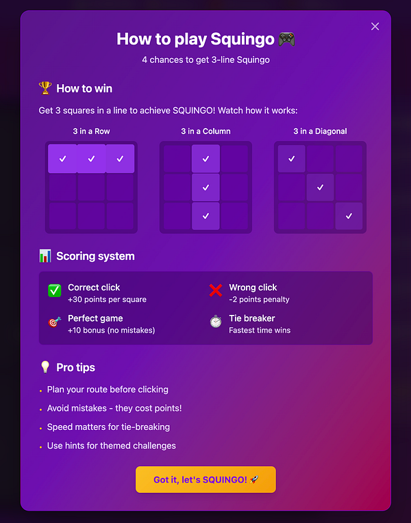 The image displays a dialog box for the game 'Squingo', detailing how to play and the scoring system.