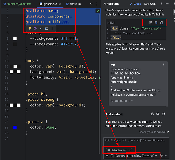 The image displays a coding interface featuring Jetbrains IDE with Tailwind CSS integration and an AI assistant panel.