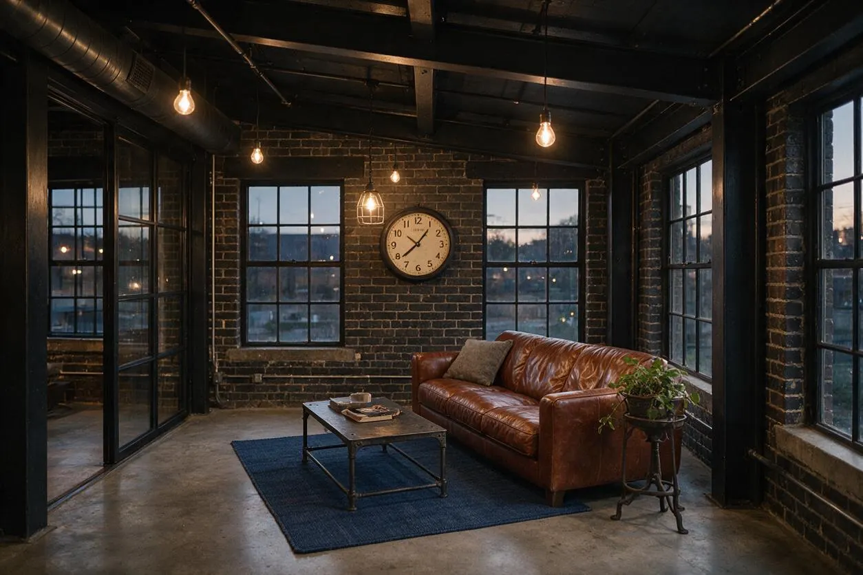 A moody industrial sunroom with exposed dark brick walls, black steel window frames, and a visible ceiling duct. A brown leather sofa sits beside a small metal coffee table on a navy rug, with hanging exposed bulbs, a wall clock, and a potted plant adding warmth.