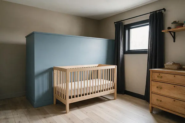 A farmhouse-style nursery with a light wood crib centered in front of a large blue built-in cabinet or partition, dark charcoal curtains framing a small window, and a rustic wood dresser on the right. The room has beige walls, pale wood plank flooring, and simple open shelving with woven storage baskets.