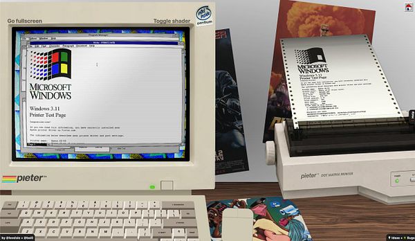 Screenshot of a Windows 3.11 desktop with the Control Panel, Program Manager, and Print Manager windows open showing a printer test page setup.