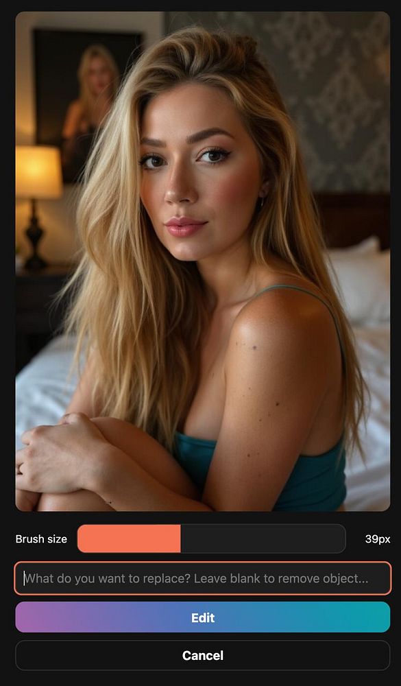 A young woman with long, wavy hair is sitting on a bed, looking directly at the camera with a soft expression, while a photo editing interface is displayed at the bottom.