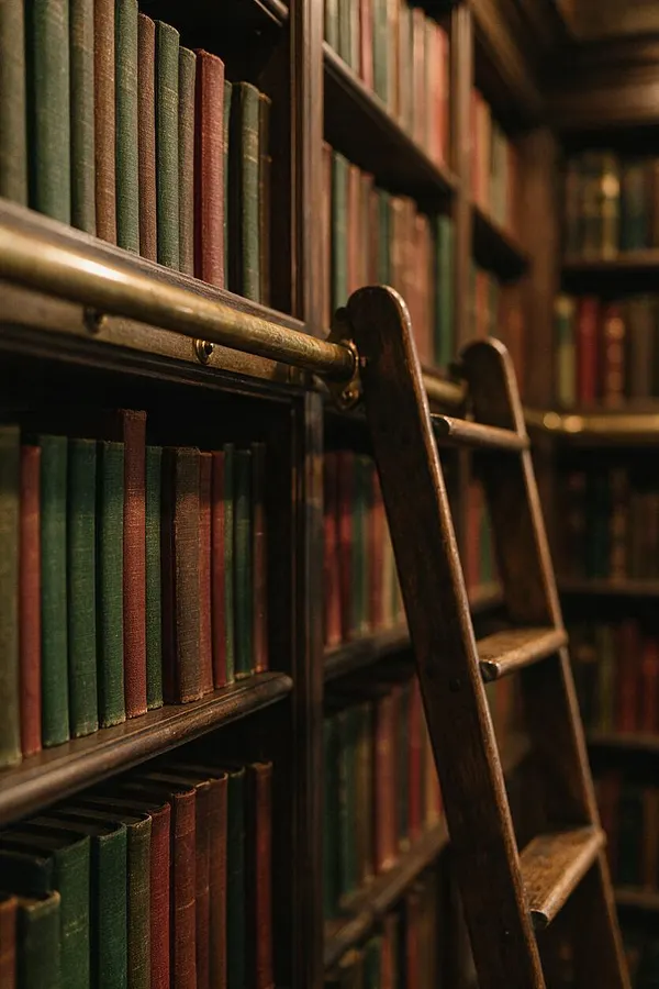 A close-up view of tall wooden bookshelves filled with rows of old, clothbound books in muted green, red, and brown tones. A wooden library ladder with brass rails leans against the shelves, creating a warm, scholarly Dark Academia atmosphere.