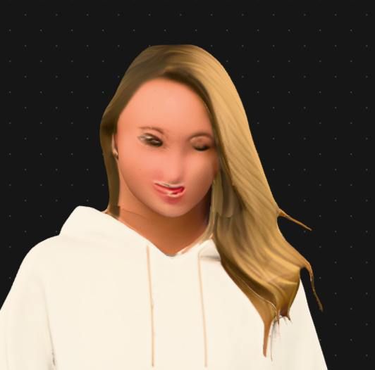 A distorted 3D model of a person with long blonde hair wearing a white hoodie.