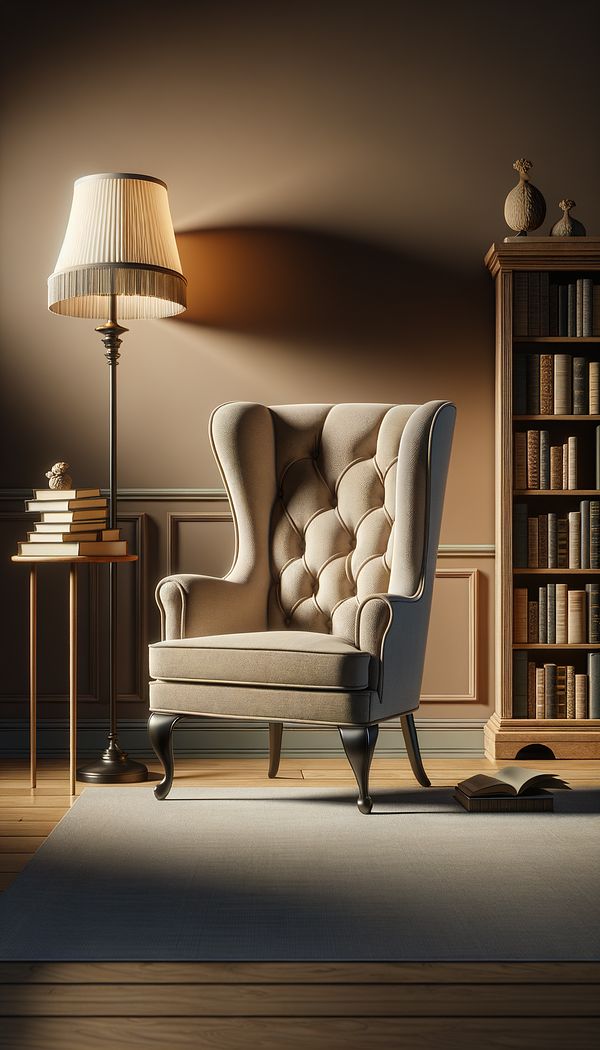 A beautifully upholstered Sleepy Hollow chair positioned in a warmly lit living room, creating an inviting nook beside a stack of books and a floor lamp.