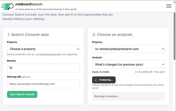 User interface of JobBoardSearch connecting Search Console data and running a "What's changed" analysis on jobboardsearch.com.