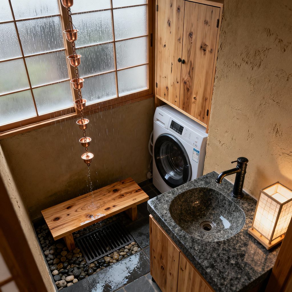 A compact Japanese-inspired laundry room with frosted shoji screens and knotty wood cabinetry. A front-loading washer sits beneath a wall cabinet, beside a granite-top vanity with a round basin and black faucet lit by a paper shoji lamp. A low cedar bench rests over smooth river stones and a floor drain, while a copper rain chain carries water down in gentle streams.