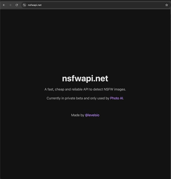 The image displays a webpage for nsfwapi.net, an API designed to detect NSFW images.