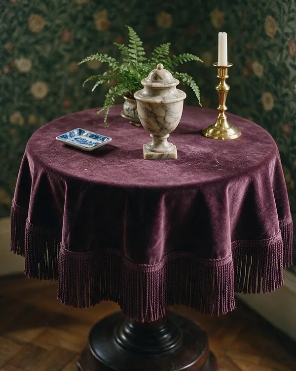 A small round table is draped in deep plum velvet with a fringed edge, styled with a marble urn, brass candlestick, blue-and-white dish, and fern arrangement. The dark floral wallpaper and parquet floor create a rich Victorian atmosphere.