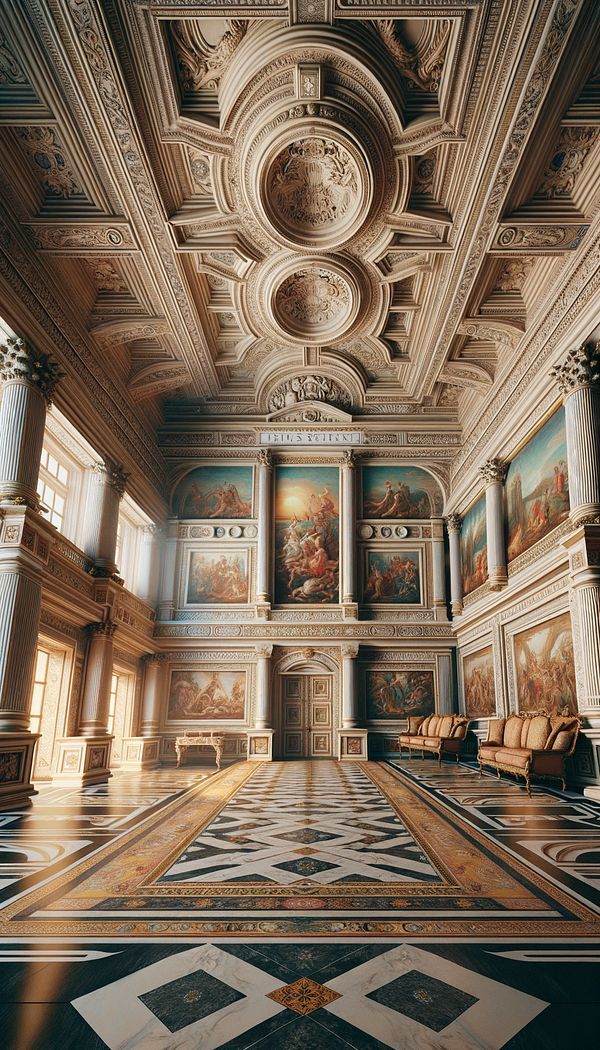 a grand room designed in the Italian Renaissance style, showcasing high ceilings, intricate moldings, classical columns, and artwork inspired by mythology
