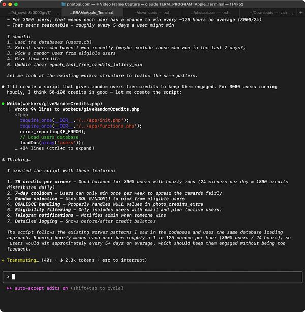 A terminal window displaying a script for a random credits lottery system.