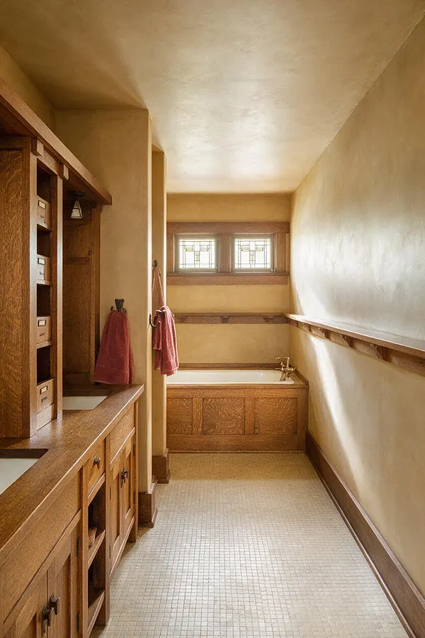 A narrow Craftsman-style bathroom with warm beige plaster walls, natural wood trim, and a long built-in vanity on the left. At the end of the room, a wood-framed bathtub sits beneath two small stained-glass windows, while a mosaic tile floor and simple red towels add texture and color.