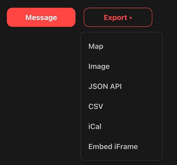 Screenshot of a web application's export feature with an Export button and a modal window offering multiple export format options.