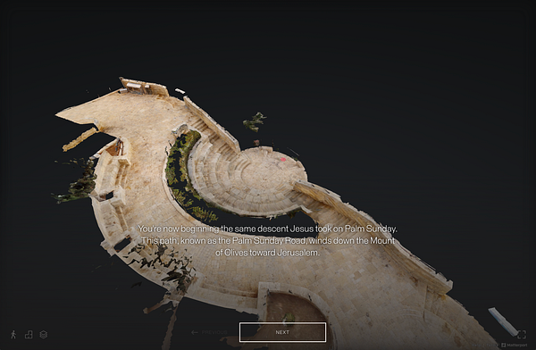A 3D rendering of the Palm Sunday Road leading down the Mount of Olives toward Jerusalem.