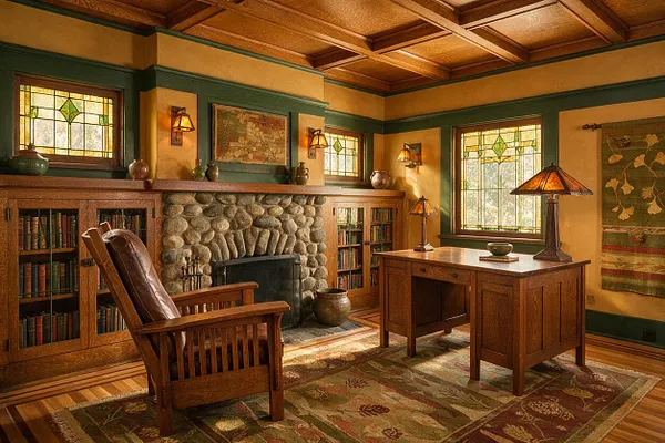 A Craftsman-style home office with a wood-paneled coffered ceiling, dark green trim, and warm golden walls. Built-in bookshelves flank a rounded stone fireplace, while a wooden desk, leather armchair, stained glass windows, and a patterned area rug complete the cozy workspace.