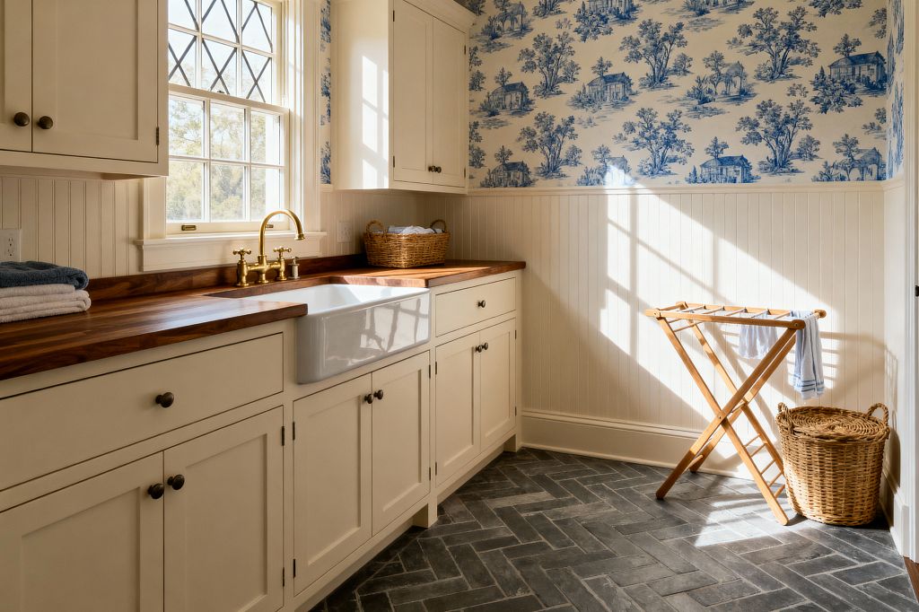 A sunlit traditional laundry room features cream Shaker cabinets with dark round knobs, walnut butcher-block countertops, and a white apron-front sink beneath a divided-light window with diamond muntins. Beadboard wainscoting and blue-and-white toile wallpaper line the walls, while a brass bridge faucet, charcoal herringbone slate floor, a wooden drying rack, and woven baskets complete the classic, practical space.