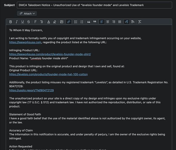 The image displays a DMCA takedown notice draft addressing trademark infringement.