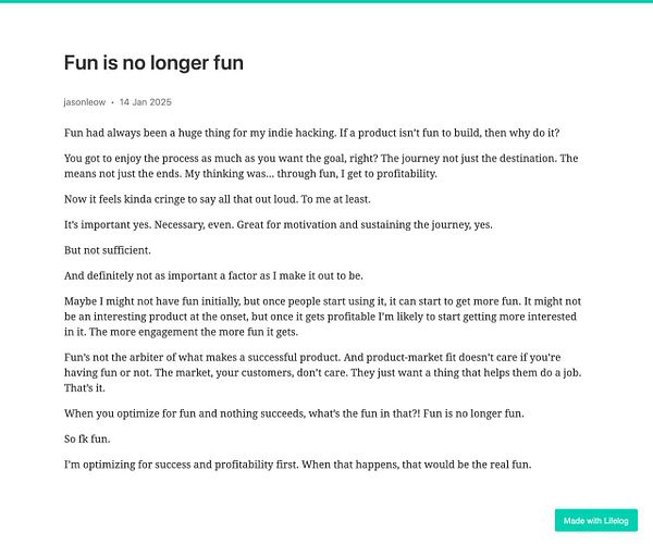 A blog post titled 'Fun is no longer fun' discusses the shift in perspective regarding enjoyment in product development.