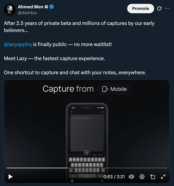 The image features a promotional video for the Lazy app, highlighting its public launch after a private beta period.