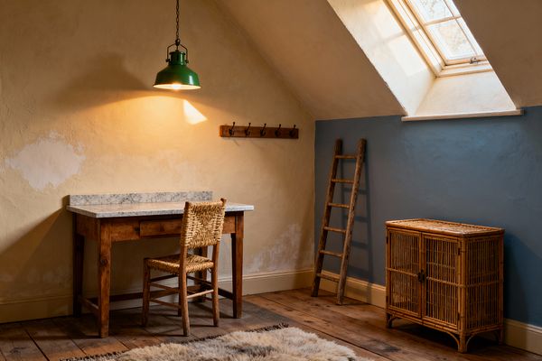 A small farmhouse-style home office under a sloped ceiling with a skylight. A solid wood desk with a gray-veined marble top sits against a limewashed beige wall lit by a green enamel pendant. A woven rush chair, a wooden peg rail with hooks, a rustic ladder against a muted blue wall, and a rattan cabinet offer simple storage. Wide-plank wood floors and a shaggy wool rug add warmth and texture.