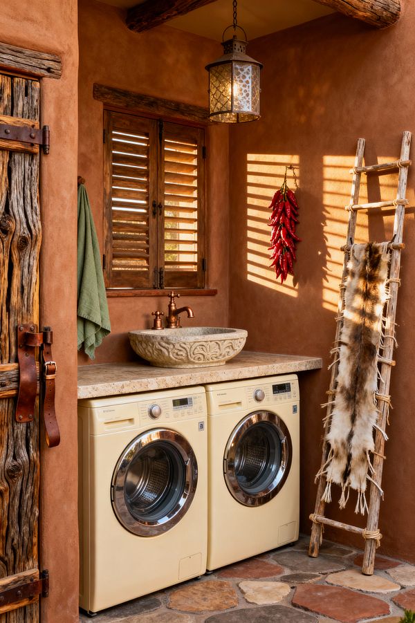 A Southwestern-style laundry room features terracotta plaster walls, exposed wood beams, and wooden shutters that cast striped sunlight. A travertine countertop spans above cream front-loading machines, topped with a carved stone vessel sink and a copper faucet; a punched-metal lantern hangs overhead, a red chili ristra accents the wall, a rustic ladder holds a fur pelt, and multicolor flagstone flooring and a weathered wood door with leather straps complete the warm, earthy space.