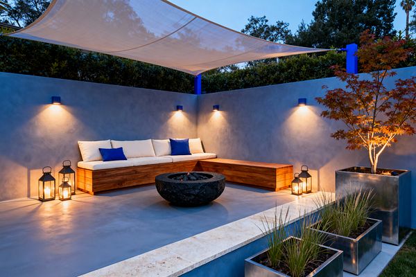 A contemporary outdoor lounge with an L-shaped wooden bench topped with cream cushions and bright blue pillows sits against slate-blue stucco walls. Four cobalt wall sconces cast warm cones of light at dusk. A round black stone fire pit anchors a smooth blue-gray concrete terrace, while a taut white shade sail stretches above. Brushed metal planters hold grasses and a red-leafed tree, with lanterns and candles adding glow near the seating.