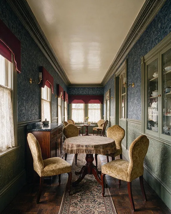 A narrow Victorian-style sunroom with blue patterned wallpaper, burgundy window valances, and lace curtains along both sides. The room features a small round table, gold velvet upholstered chairs, dark wood furniture, brass wall sconces, and a glass-front cabinet, all under a pale ceiling and warm natural light.