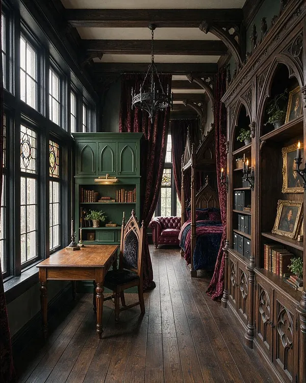 A narrow Gothic-style sunroom with tall leaded windows, dark wood beams, and ornate carved shelving along the right wall. The room includes a wooden desk and chair, a green built-in cabinet, burgundy velvet drapery, a tufted chaise, and candle-style wall sconces, creating a dramatic, historic atmosphere.