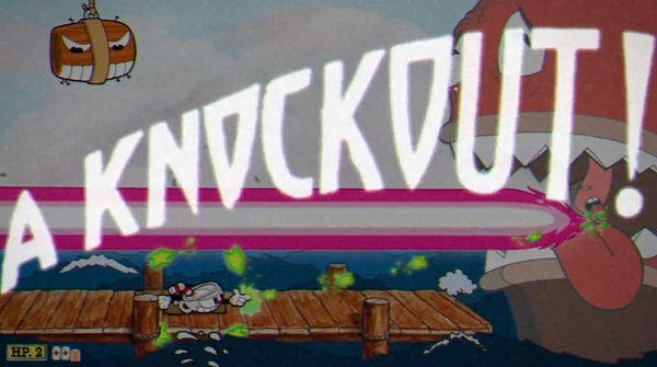 The image captures a victorious moment in the game Cuphead, showcasing a knockout against Captain Brineybeard.