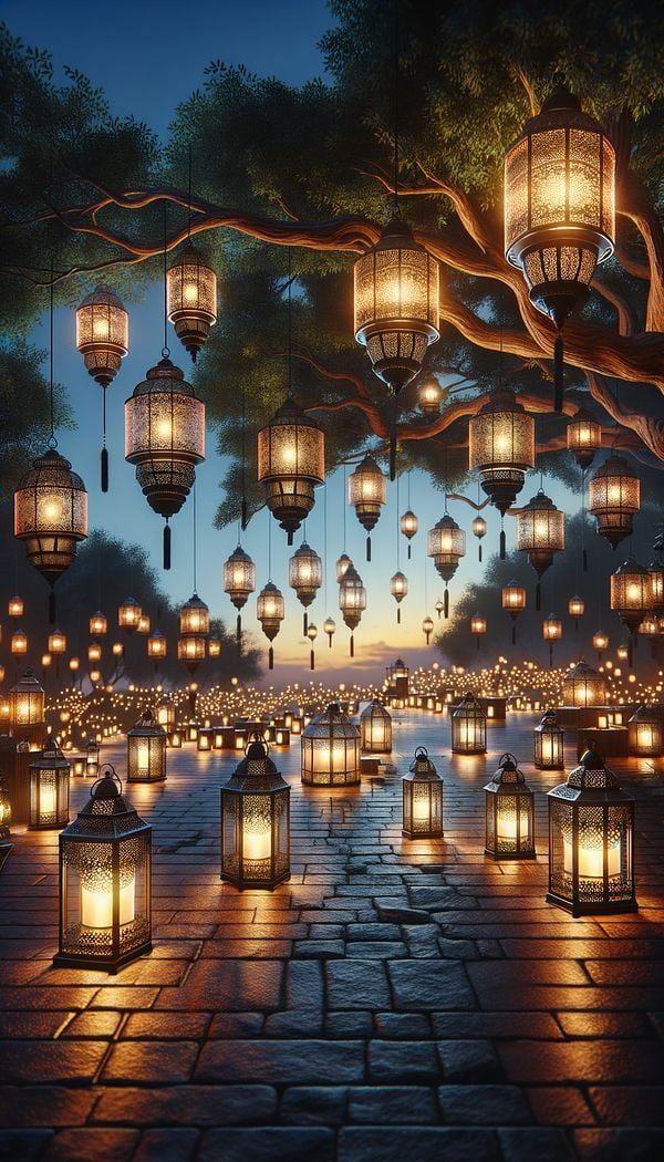 an elegantly designed outdoor space at dusk with multiple lanterns of varying sizes, placed on the ground and hanging from the trees, casting a warm and inviting glow