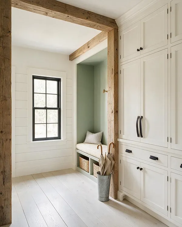 A farmhouse entryway with exposed rustic wood beams framing a small seating nook, white shiplap walls, and a black-trimmed window. A built-in bench with a striped cushion and woven baskets sits beside tall white storage cabinets with dark hardware, while a metal umbrella stand adds a practical touch.