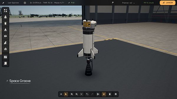 3D rocket model standing vertically in a hangar environment within a simulation UI featuring various control buttons and information displays.