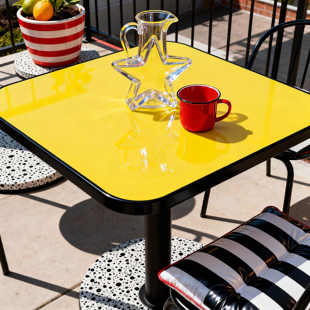 A bright outdoor patio features a square table with a glossy yellow top and black edging on a black pedestal base. A clear star-shaped glass pitcher and a red enamel mug sit on the table; surrounding it are black metal chairs with white seats dotted in black, a tufted black-and-white striped vinyl cushion with red piping, and a red-and-white striped ceramic planter holding a small plant with orange and yellow fruit, all set on light concrete pavers and framed by black railings.