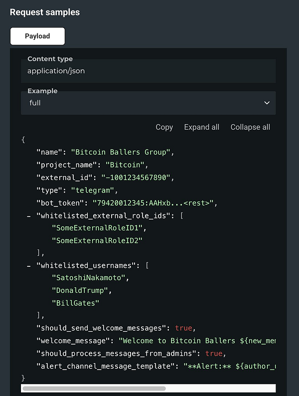 The image displays a code snippet for a JSON payload related to a Telegram group configuration.