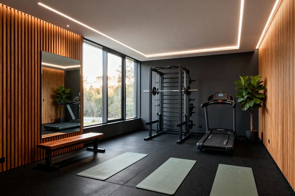 A contemporary home gym with vertical slatted wood walls, charcoal painted surfaces, and black rubber flooring. Floor-to-ceiling windows with black frames face trees outside. A black steel power rack, a treadmill, a long wood bench before a full-height mirror, and three sage green mats are visible. A large potted plant sits in the corner. Linear LED strips outline the ceiling, providing even ambient light.
