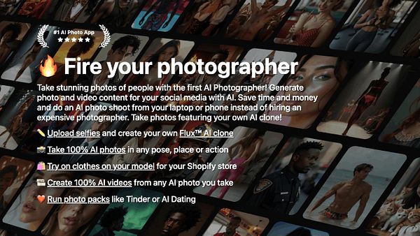 The image promotes an AI photo app with various features for generating photo and video content.