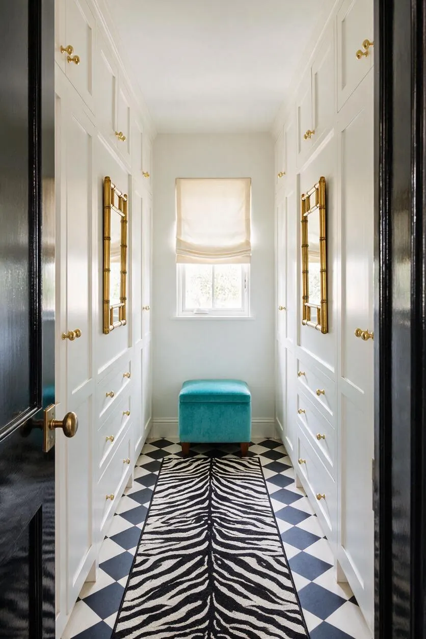 A narrow Hollywood Regency closet with floor-to-ceiling white built-in cabinets and gold hardware on both sides. The room features two gold-framed mirrors, a small turquoise upholstered ottoman at the back, a black-and-white zebra runner, and a black-and-white diamond tile floor beneath a soft Roman shade over the window.