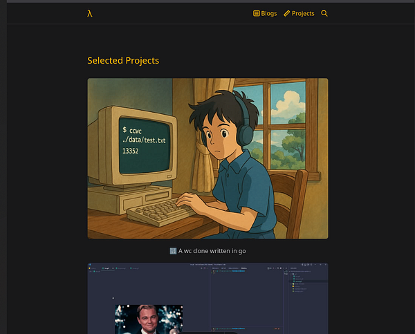The image features a dark-themed website layout showcasing selected projects with an animated character and a coding interface.