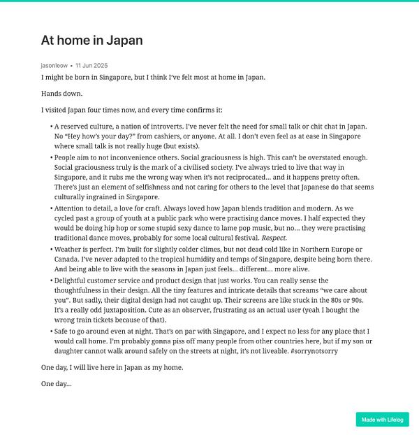A personal reflection on feeling at home in Japan, highlighting cultural differences and experiences.