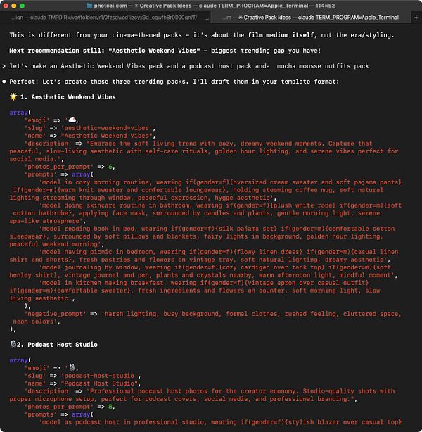 The image displays a terminal interface with creative pack ideas for photo themes and podcast hosting.