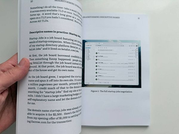 A close-up photo of a printed sample showing an illustrative book cover design titled 'Domain Book'.