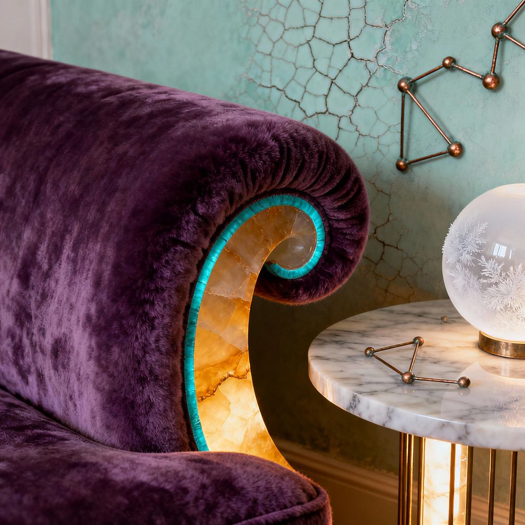 Close-up of a surrealist living room vignette: a deep plum velvet sofa with a dramatic scroll arm reveals a backlit amber onyx core edged in turquoise inlay beside a round white marble side table on a fluted brass base with integrated lighting. On the tabletop sits a frosted glass globe lamp etched with fern-like patterns and a small brass constellation sculpture, set against a mint green crackle-textured wall accented by geometric brass nodes.