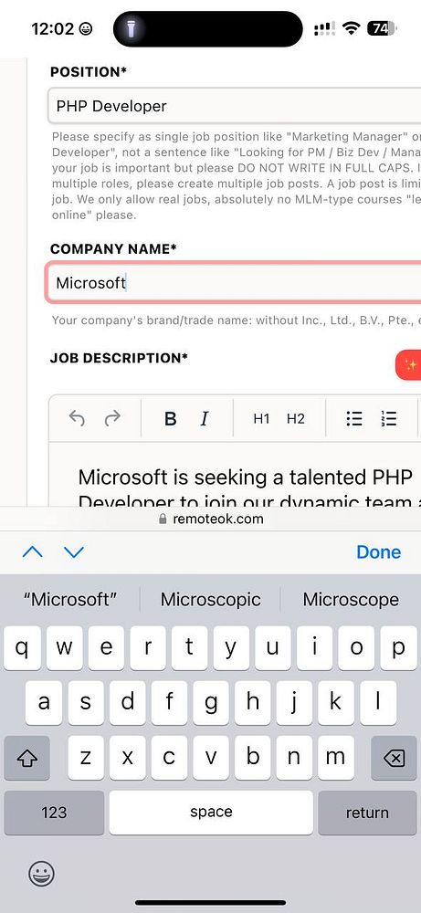 The image displays a mobile interface for posting a job listing, specifically for a PHP Developer position at Microsoft.