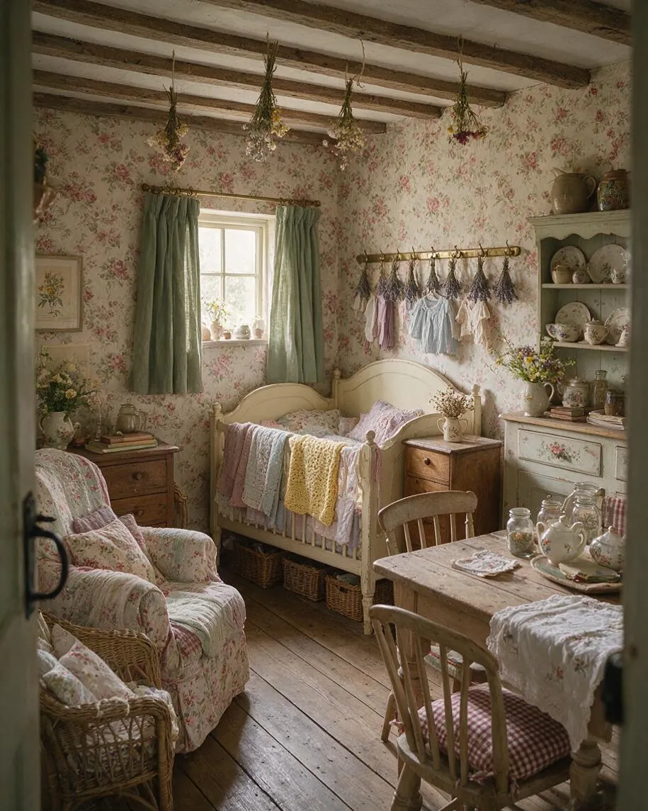 A cozy cottagecore nursery with floral wallpaper, exposed ceiling beams, sage green curtains, and a cream-painted crib with pastel blankets. Wicker baskets, a floral armchair, vintage wooden furniture, and dried flower bundles create a soft, rustic, hand-crafted atmosphere.