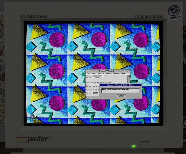 Windows 3.0 default wallpaper displayed in a Windows 3.1 desktop environment with visible icons and a program manager window.