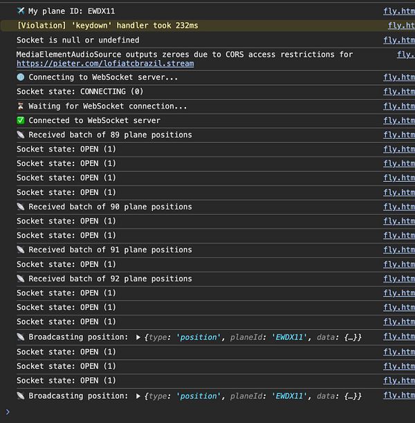 The image displays a console log from a web application showing WebSocket connection details and related messages.