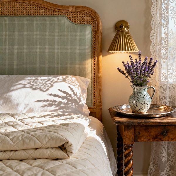 Close-up of a French Country bedroom corner featuring a natural cane headboard with a sage green plaid upholstered panel, white linen pillow, and ivory quilted coverlet. To the right, a brass wall sconce with a pleated shade illuminates a rustic barley-twist wooden nightstand topped with a round silver tray and a crackle-glazed ceramic pitcher filled with lavender. Sheer lace curtains at the window cast intricate shadows across the bed and wall.