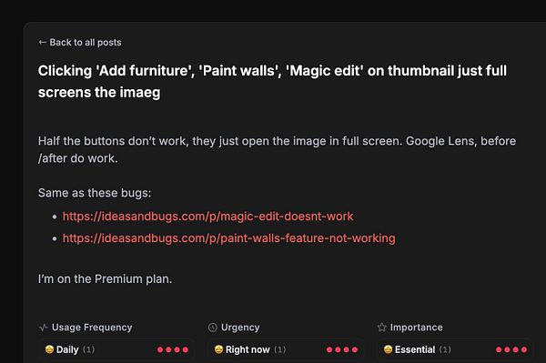 Screenshot of an Interior AI interface showing a 3D room design with pink walls and a floating toolbar with image button options below the room preview.