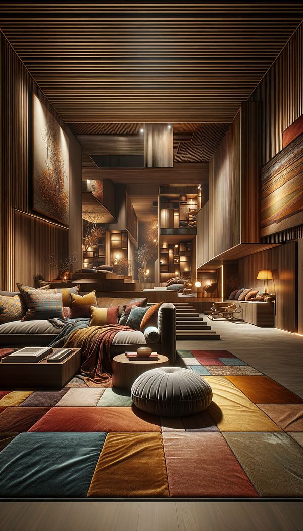 A cozy, richly decorated living room showcasing a layered design with a mix of textures, colors, and lighting sources.